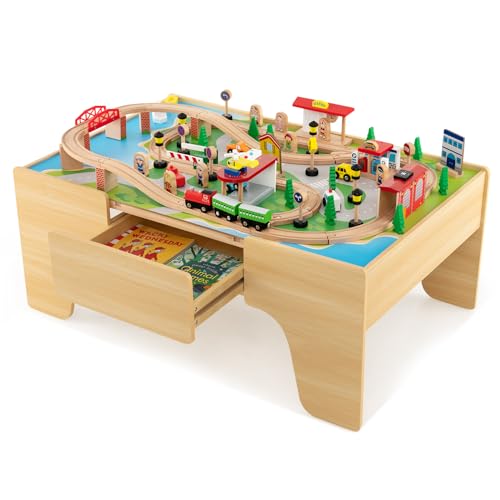 FANTASK 84-teiliges Spieltisch Holz, Kinder Eisenbahn Set mit umkehrbarer & abnembarer Tischplatte und Schublade, Aktivitätstisch zum Spielen, Malen, Lesen, Essen, Spielzeug für Kinder ab 3 Jahren