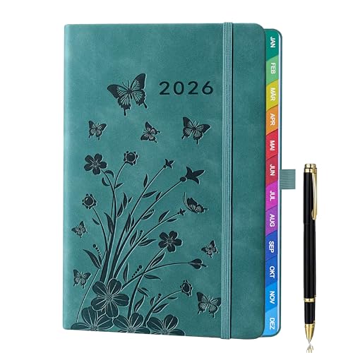 Kalender 2026 A5 – Wochenkalender, Terminkalender, Wochentimer & Wochenplaner (Jan – Dez 2026), mit Monatsübersicht, Notizseiten, Kontaktseiten und Stift, Hardcover Buchkalender – Türkis