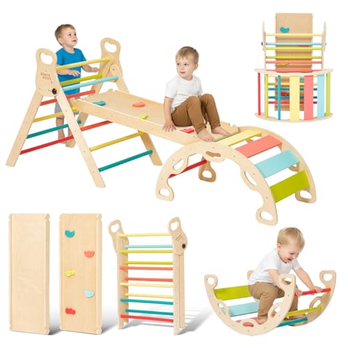 Giant bean 5-in-1 Montessori Kletterdreieck mit Kletterbogen und Rutsche, Holzdreieck für Kleinkinder ab 2-5, Indoor Kletterspielzeug, Regenbogen mit Griff, Hellbraun,