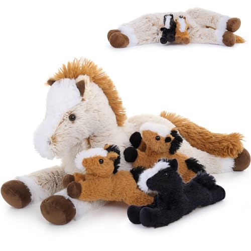 MorisMos 54cm riesen Pferd Kuscheltier XXL mit 3 Baby Pony im Bauch, groß Plüschpferd Kuscheltiere XXL, Flauschiger Stofftier Plüschtier Horse Geschenk für Jungen