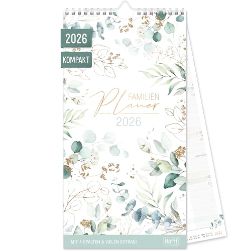 Häfft® Familienplaner 2026 Kompakt mit 4 Spalten 'Blattgold' 16,5 x 32,5 cm - Wandkalender Familienkalender für 12 Monate Jan bis Dez 26 - nachhaltig & klimafreundlich