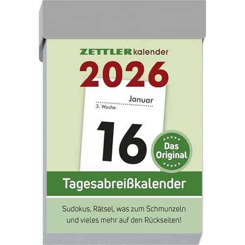 Zettler Tagesabreißkalender S 2026 – Abreißkalender 4 × 6 cm, 1 Tag pro Seite mit Sudoku, Rezepten, Rätseln & Tipps auf den Rückseiten, FSC-zertifiziert