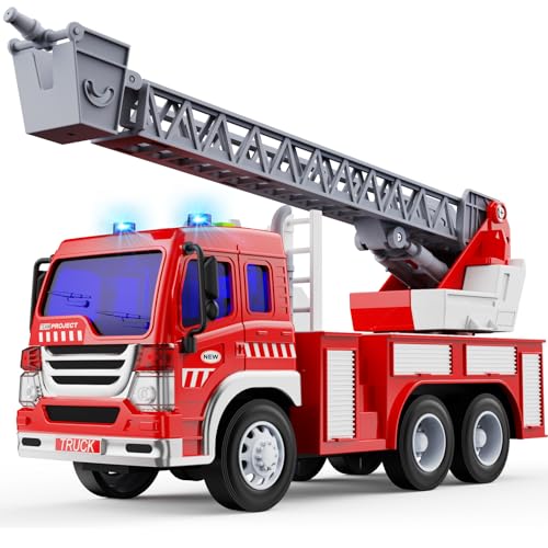 GizmoVine Feuerwehrauto Groß, Feuerwehr Auto Spielzeug mit Drehleiter, Sound und Licht, Große Spielzeugauto, Fire Truck Fahrzeuge, Geschenke für Jungen, Kinder Löschfahrzeug ab 3 4 5 6 7 8 Jahre
