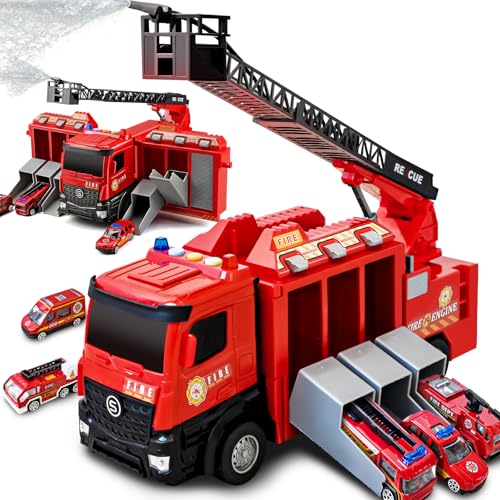 Glanzik Großer Feuerwehr Truck Spielzeug, Rettungsfahrzeug Set mit 6 Mini Autos, Feuerwehrauto Autotransporter Spielzeug für Kinder ab 3 Jahren – Ideale Kindergeburtstags (Rot)