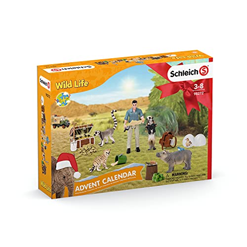 schleich WILD LIFE 98272 Adventskalender Kinder - Tiere Figuren Set mit Abenteuerfigur - Mit Baby Nilpferd, Gepard, Lemur, Elefant, Erdmännchen, Wissenschaftler - Ab 3 Jahren