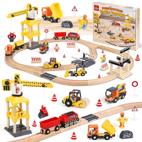Lehoo Castle Holzeisenbahn, 68 Pcs Eisenbahn Holz mit Kran Spielzeug, Eisenbahn Kinder Elektrisch, Baustellenfahrzeuge Kinder, Spielzeug ab 3 Jahre