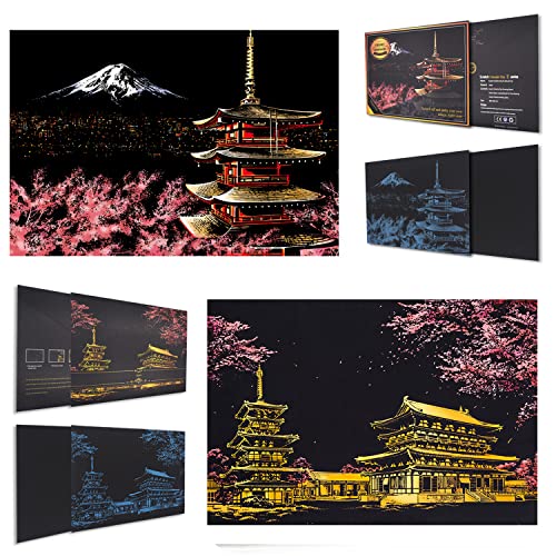 SiYear Scratch Paper Rainbow Malerei Skizze, City Series Night Scene, Scratch Painting kreative Geschenk, Scratchboard Kunst für Erwachsene und Kinder, mit 4 Tools (Mount Fuji + Kirschblüte)