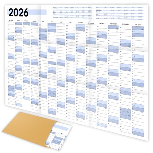 XXL Wandkalender 2026 groß (90x60cm) - Jahresplaner 2026 quer als Kalender für die Wand - Jahreskalender für 14 Monate mit Ferienübersicht - Kalender gefalzt für das Büro
