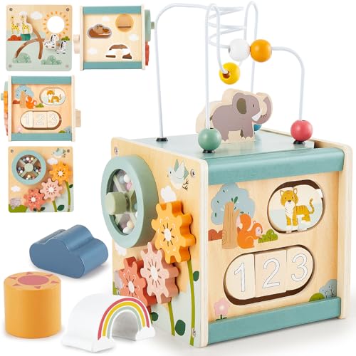 LINFUN KIDS Motorikwürfel Aktivitätswürfel 6 in 1 Motorikspielzeug Holz für Kleinkinder Activity Würfel Montessori Lernspielzeug Kinder Geschenk Mädchen Jungen