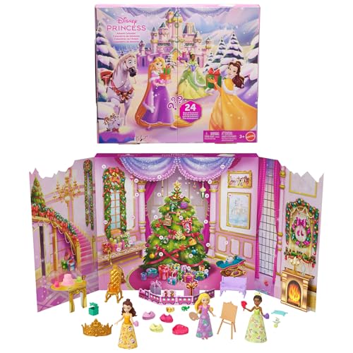Mattel Disney Princess-Puppe Adventskalender mit 24 Tagen voller Überraschungen, enthält 3 kleine Puppen, 3 Freunde, 6 Moden und 16 von den Filmen inspirierte Zubehörteile, JFG79