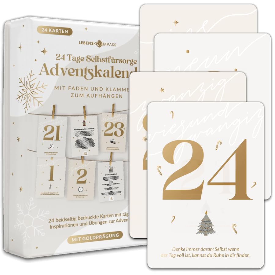 Lebenskompass Adventskalender Karten Set Jahresunabhängig – 24 Achtsamkeitskarten mit Clips & Fäden – Kreativer Selbstliebe Adventskalender zum Aufhängen, für Achtsamkeit und Reflexion