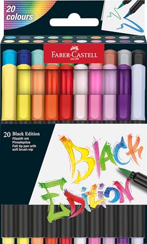 Faber-Castell 116452 Black Edition Brush Pen Set mit 20 leuchtenden Farben, Filzstifte für Erwachsene, Brush Pens zum Ausmalen und Schreiben, abwaschbare Tinte