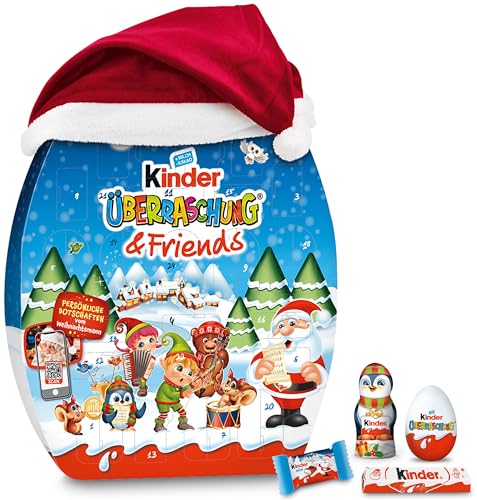 Kinder Überraschung & Friends Adventskalender 2025 - 370 g - Mit Weihnachtsmütze, 5 Hohlfiguren, 8 Überraschungseiern, Schokoladen-Spezialitäten - Zu Weihnachten und Adventszeit - Weihnachtskalender