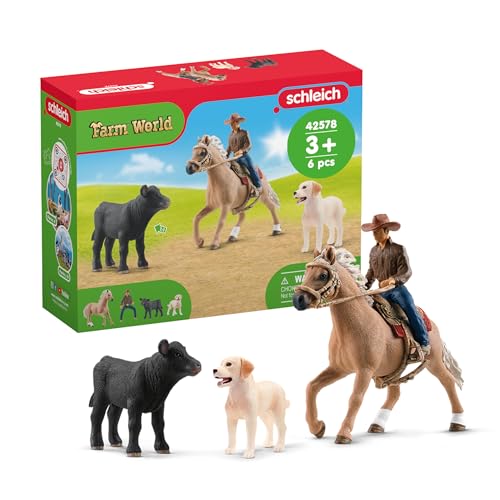 SCHLEICH Farm World | Westernreiten 42578 | Bauernhof Set mit Cowboy, Pferd, Kuh und Hund sowie Zaumzeug & Sattel | Western Rodeo Zubehör | Bauernhof Spielzeug ab 3 Jahre Set aus 6 Teilen