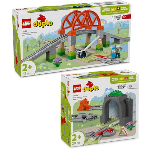 Lego DUPLO Eisenbahn Erweiterung 2er-Set - Lego DUPLO Eisenbahn Zubehör Set mit Eisenbahnbrücke & Tunnel (10425 & 10426), Schienen Erweiterung, ab 2 Jahre Eisenbahn