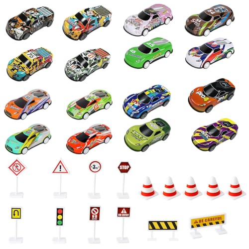 31 Stück Spielzeugauto Set, Matchbox Autos,Spielzeug Auto,16 Stück Kleine Autos Mit 15 Verkehrsschildern, Aufziehauto Für Kinder Ab 3 Jahren, Lernspielzeug