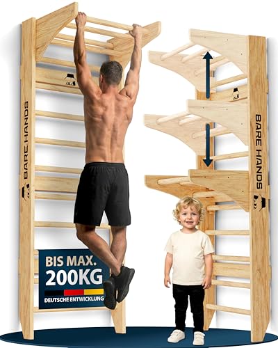 Bare Hands 3in1 Sprossenwand mit Klimmzugstange & Dipstange - Sprossenwand für Erwachsene & Kinder - Extrem Robuste Kletterwand bis 200 kg - Sprossenwand kinderzimmer