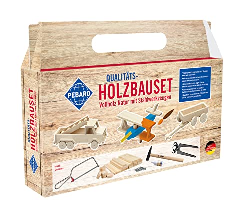 Pebaro 465 Holzbauset im Tragegriff-Karton, 25 Teile, praktische Kofferverpackung, für kreative Baumeister, inkl. Vollholz Naturstäben und Werkzeug, Basteln, Geschenkidee für Kinder