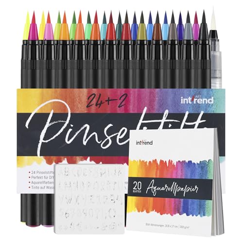 int!rend 24 Aquarellstifte Pinselstifte - Brush Pen Set - 2 Wasserpinselstifte - 20 Blätter Aquarellpapier 5 Schablonen - Aquarellfarben Stifte - Pinselstifte für Erwachsene