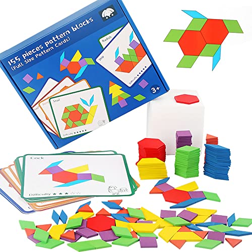 Tangram Kinder Puzzle Spielzeug, ECCHY Geometrische Formen Holzpuzzles mit 155 Teile Bausteine und 12 Beidseitige Karten, Montessori Spielzeug für 3 4 5 6 7 Jahre