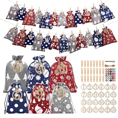 Votoko Adventskalender zum Befüllen 2025, 24 Weihnachtskalender Stoffsäckchen Selberfüllen 2 Größ, DIY Adventssäckchen Stoff Beutel mit Holzzahlen, Weihnachten Kalender Selbst für Kinder & Erwachsene