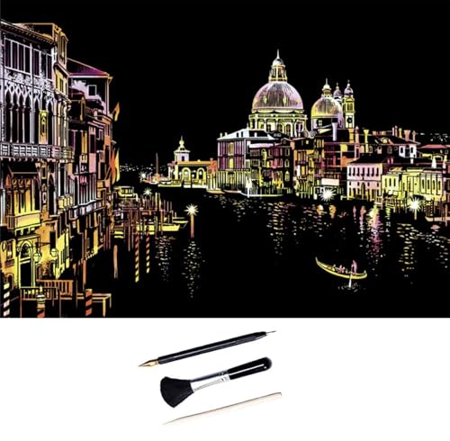 ShipeeKin Kratzbilder für Erwachsene 405 x 285mm A3 Sehenswürdigkeiten Wandbild, Beschichtete Bunte Kratzpapier mit Werkzeug Set (Venedig)