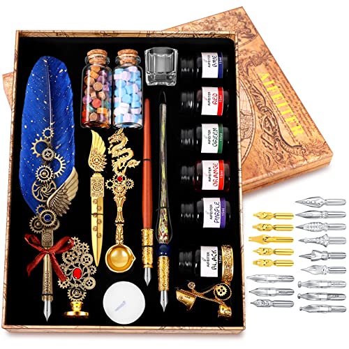 MPRINCE Kalligraphie StiftSet, Federkiel und Tinte, 1 Quill-Stift, mit 5 spitzen, Tinte, Stifthalter, 1 Schreibpapier und 1 Umschläge-Blau
