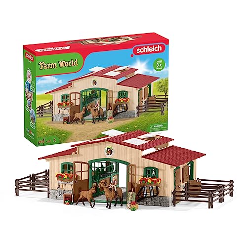 SCHLEICH Farm World | Pferdestall mit Pferden und Zubehör 42195 | Set inkl. Stall, 2 Pferden, beweglicher Mädchenfigur und Zubehör | Bauernhof Spielzeug ab 3 Jahre | 96 Teile | exklusiv bei Amazon