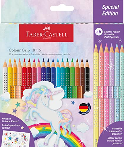 Faber-Castell 201543 - Buntstifte Set Einhorn, 24-teilig, bruchsicher, inkl. 6 Sparkle Pastellstifte und Einhorn Sticker