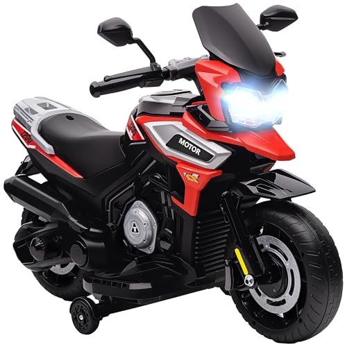AIYAPLAY Elektro Motorrad Kinder 6V Elektromotorrad Kindermotorrad mit 2 Hilfsrädern, Beleuchtung, Musik, Soft-Start, bis zu 2,4 km/h für Kinder von 1,5-3 Jahren Rot