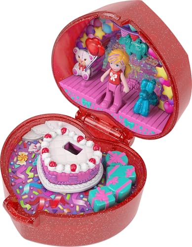 Mattel Polly Pocket Schatullen-Spielset zum 80. Jubiläum, Schmuckkästchen mit Puppe, Ballontier und Ring, Ringetui zum Thema Feierspaß, JGK21