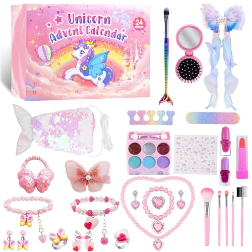 Einhorn Adventskalender 2025 Mädchen, Einhorn Weihnachtskalender kinder, 24 Tage Weihnachts-Countdown mit Haarschmuck Armbänder Geldbörse, 24 Tagen Überraschungen Geschenke für Mädchen (Rosa)