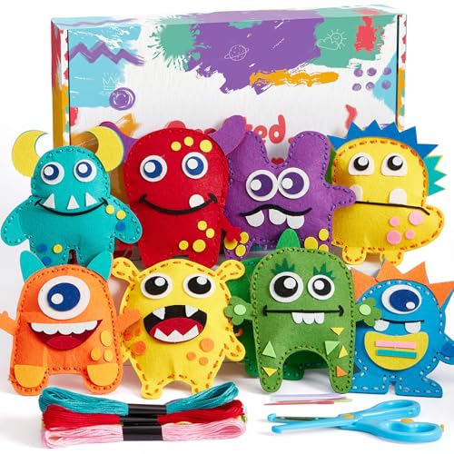 Toylink Filz Nähset Kinder, 12Pcs Bastelset Basteln Kinder ab 4 5 6 7 8 Jahre, Nähen mit Farbige Stickgarn Füllwatte, Kindergeburtstag Kreativ DIY Set Basteln Geschenk für Jungen Mädchen (Monster)
