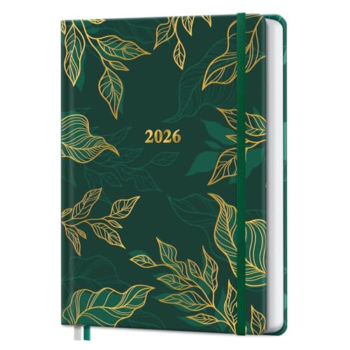 Kalender 2026 Buchkalender A5, 12 Monate Terminkalender mit Wochenplaner von Januar bis Dezember 2026 - Hardcover Kunstleder Taschenkalender Terminplaner - Grünes Blatt