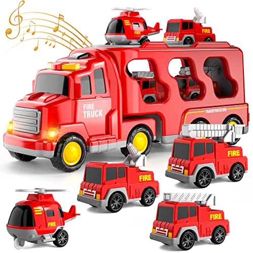5-in-1 Feuerwehr Lkw Spielzeug für Kinder, Reibungsbetriebene Transporter mit 4 Feuerwehrfahrzeugen, Spielzeug ab 1 2 3 Jahren für Jungen und Mädchen mit Lichtern und Geräuschen für Kleinkind 4 5 6