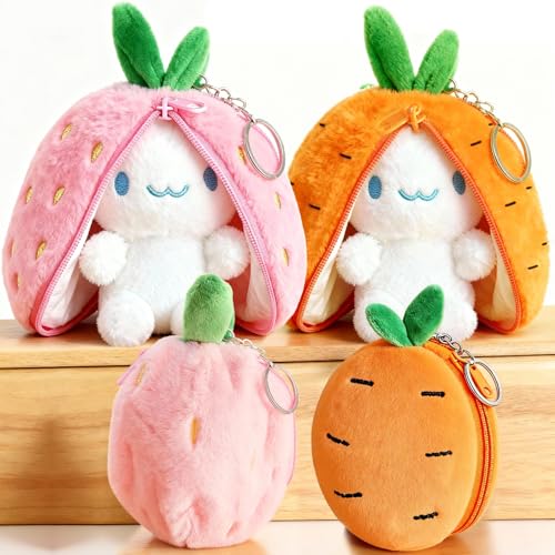 oeeo 2er Set Hasen Verstecken,Osterhase Plüschtier, Erdbeerhasen Kissen Plüschtier 14cm mit Reißverschluss, Versteckspiel Ostergeschenk für Kinder, Jungen, Mädchen (Erdbeeren) (2)