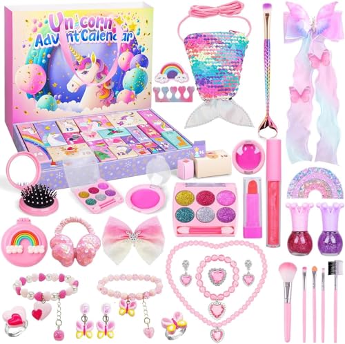 iZoeL Adventskalender kosmetik Teenager Mädchen 2025 Weihnachtskalender 24 Mode Schmuck schminke kosmetikkalender Beautykalender wie Einhornschmuck ohrringe haarschmuck ab 3-12 Jahre Mädchen