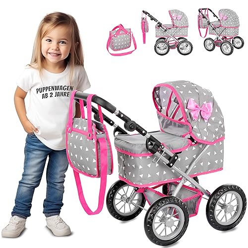 Kinderplay Puppenwagen mit großer Wanne – Höhenverstellbarer Griff 33–63 cm – Für Puppen bis 41 cm – Leichter Puppenbuggy für Kinder ab 3 Jahren – Leise Schaumräder