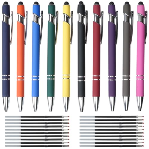Hengxinchen Kugelschreiber Hochwertig, 10 Stk Super Haltbar Druckkugelschreibe mit 20 Stk Nachfüllungen, Kugelschreiber Set Bunte, 2 in 1 Ergonomische Kugelschreibe mit Touchpen für Büro und Haushalt