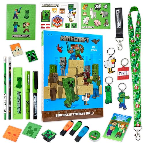 Minecraft Adventskalender Kinder 2025, Schule Schreibwaren, 24 Überraschungen mit Stifte, Radiergummi & Mehr Zubehör Creeper Gamer Geschenke für Jungs (Blau)