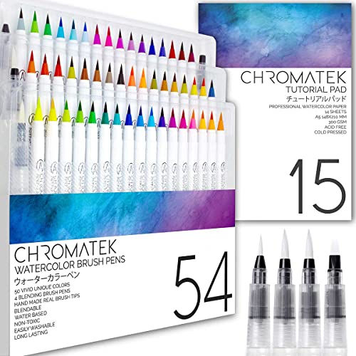 CHROMATEK Watercolour Pencils Brush Pen Set for Painting - 54 Brush Pens, 4 Mixing Brushes, 15-Sided Pad, Online Video Tutorial Series 50 Unique Colours - Hand Lettering Set - Watercolour Pens