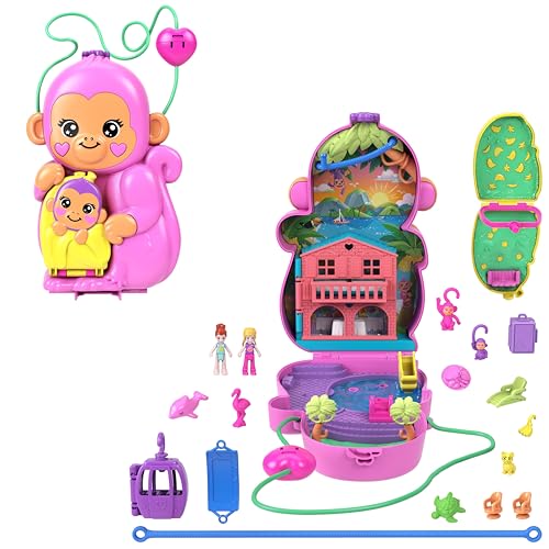 Polly Pocket Puppen & Spielset mit Tieren und 13 Accessoires, 2-in-1 Affenmama und Baby, tragbare Tasche und Tierspielzeug, HWP04