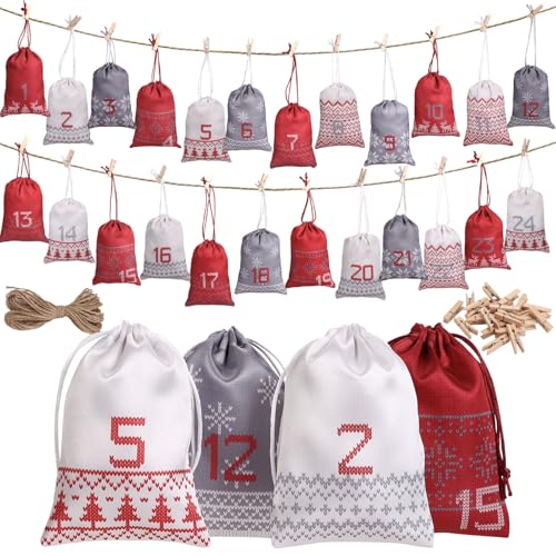 Kesote Adventskalender zum Befüllen Säckchen 24 Weihnachtskalender Beutel Selber 15x10cm Mini Stoffbeutel Weihnachten Klein Stoffsäckchen DIY Tüten
