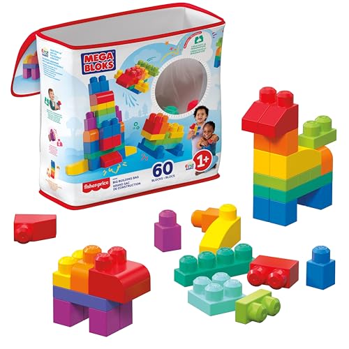 Mega Bloks, Bausteine für Kinder ab 1 Jahr, 60 Bauklötze, mit wiederverwendbarem Aufbewahrungsbeutel, fördert Kreativität und Fantasie, Spielzeug ab 1 Jahr, DCH55, Die Verpackung kann variieren.