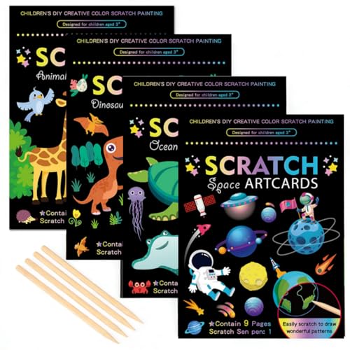 Kratzbilder für Kinder - 4 Themen-Sets, 36 Blätter Kratzpapier mit Dino, Weltraum, Ozean & Tiere, 4 Holzstifte, 18.5x13.5cm, Scratch Art Kit für Kindergeburtstag Gastgeschenke & Mitgebsel, ab 3 Jahre