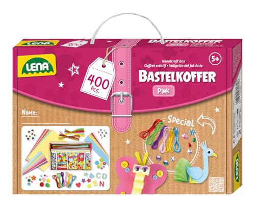 Lena Bastelkoffer mit 400 Teilen, Bastelset bestehend aus Papier, Moosgummi, Pfeifenreiniger, Strasssteine, Wackelaugen, Pompons und Knöpfe, Pink & Lila, geeignet für Kinder ab 5 Jahren