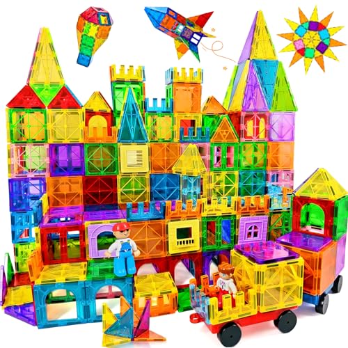 120pcs Magnetische Bausteine Spielzeug mit 2 Magnetfiguren und 2 Autos, Magnetbausteine für 3 4 5 6 7 Jahre kinder, Montessori Magneten Set Spielzeug Geschenk für Kinder ab 4-8 Jahre Junge Mädchen