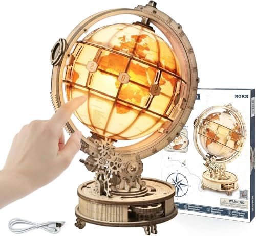 ROKR 3D Puzzle Holz Erwachsene, Holzpuzzle Modell Leuchtglobus Modellbau Bastelset Erwachsene mit LED Licht Weltkugel Bausatz Drehbar Luminous Globe Holzbausatz als Deko, Geschenk (180 Teilen)