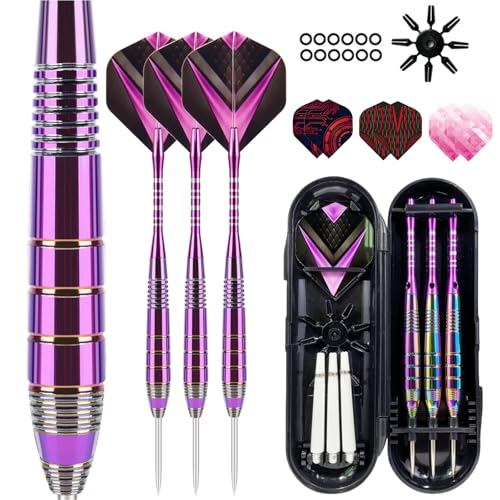 Mhekrep Dartpfeile mit Metallspitze 23g, Premium Steeltip Dart-Set, Profi Steeldarts mit Metallspitze Steel Darts Pfeile Set Stahl Spitze Darts Set 3 Aluminium Schaft (Lila)