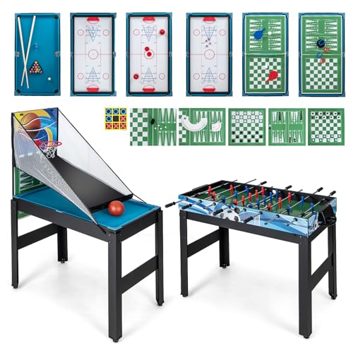 COSTWAY 14 in 1 Spieltisch Set, Tischspiel multifunktional mit Tischfußball Hockey, Billard, Tischtennis, Bowling, Shuffleboard, Schach, Dame & Backgammon, Kombi-Tisch für Kinder Erwachsene